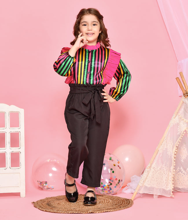 Multicolour Stripe Ruffled Top with Black Trouser Set