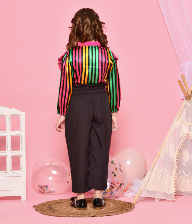 Multicolour Stripe Ruffled Top with Black Trouser Set