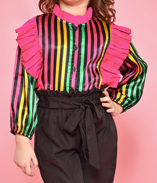 Multicolour Stripe Ruffled Top with Black Trouser Set