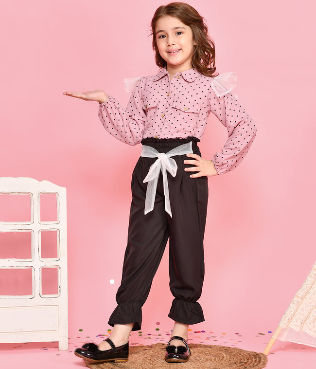 Dusky Pink Polka Shirt with Black Jogger style Pant Set