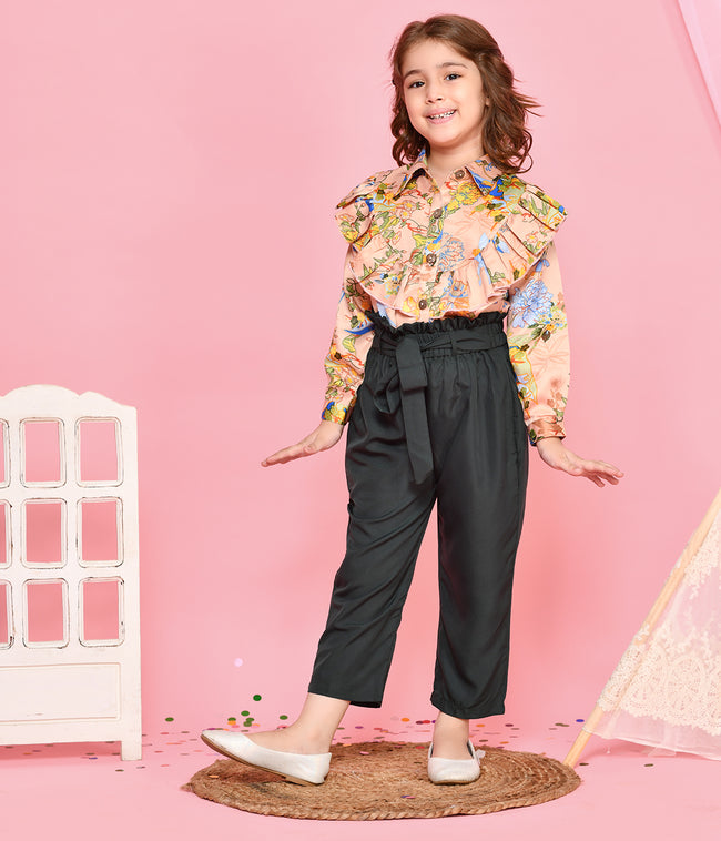 Elegant Floral Print Beige Top with Green Trouser Set