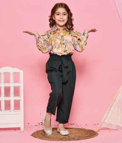 Elegant Floral Print Beige Top with Green Trouser Set