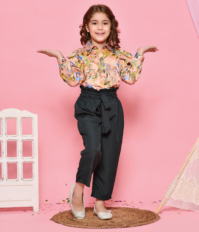 Elegant Floral Print Beige Top with Green Trouser Set