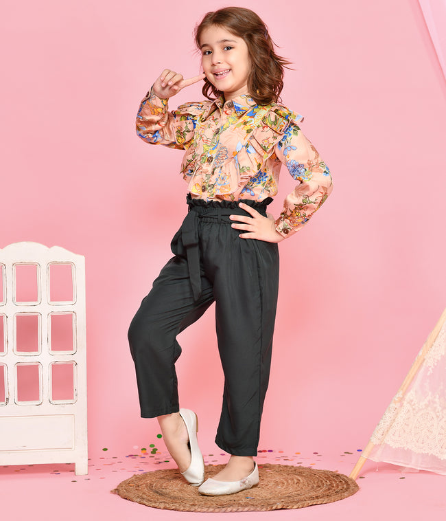 Elegant Floral Print Beige Top with Green Trouser Set