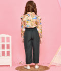Elegant Floral Print Beige Top with Green Trouser Set