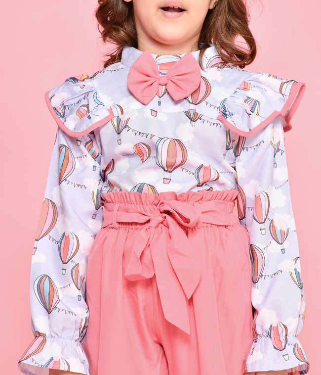 Girls Co ord Pink & White Hot Air Balloon Bow Top with Jogger Trousers