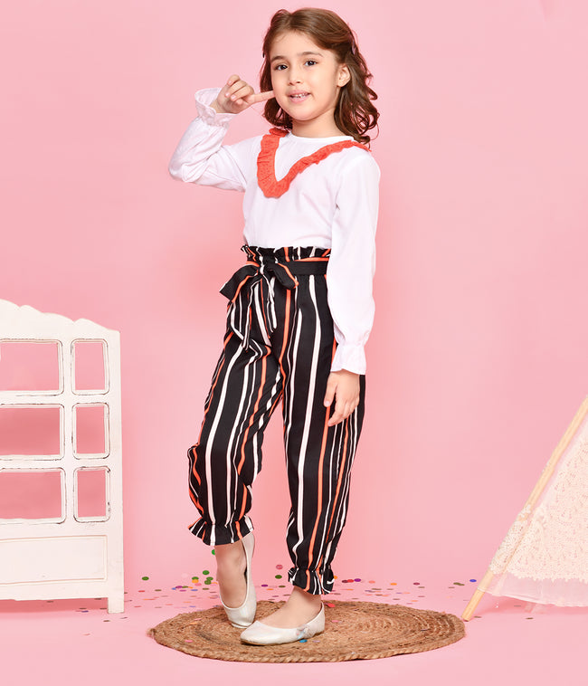 Lacy White Top with Stripe Print Jogger style Pant Set