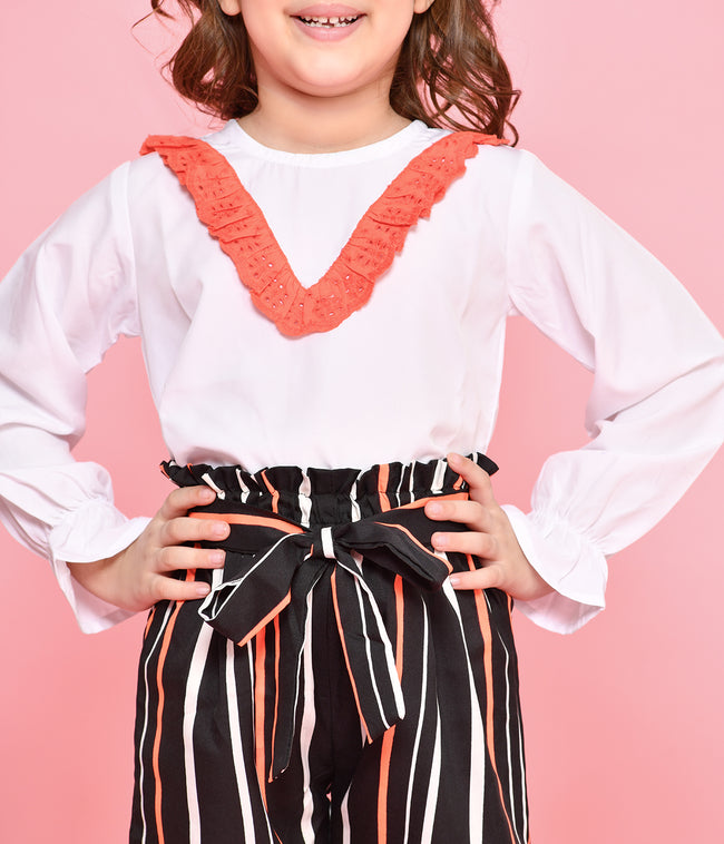 Lacy White Top with Stripe Print Jogger style Pant Set
