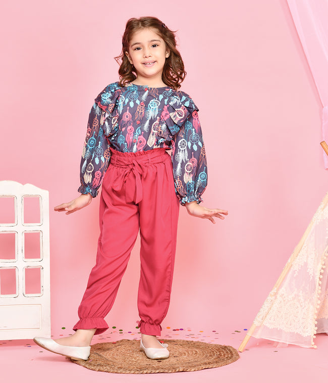 Dream Catcher Ruffled Top with Jogger Style Pant Set