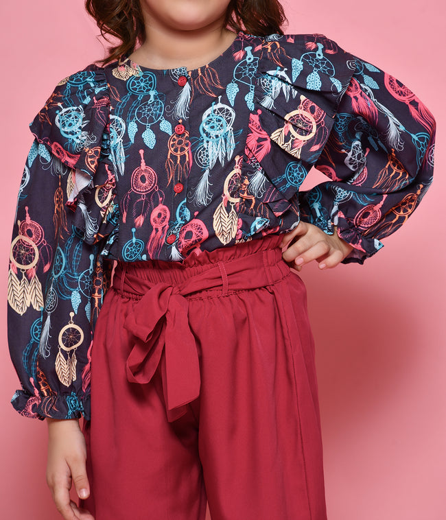 Dream Catcher Ruffled Top with Jogger Style Pant Set