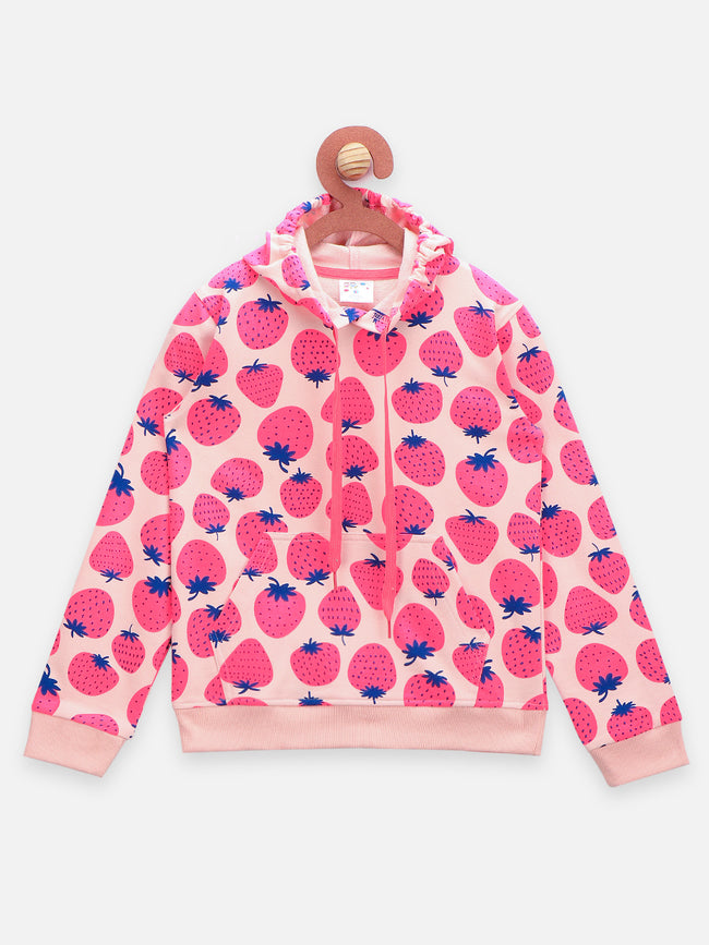 Strawberry Print Pink Full Sleeves Hoodie