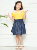 Yellow Blue Polka Puff Sleeves Top with Denim Skirt Set