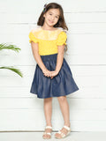 Yellow Blue Polka Puff Sleeves Top with Denim Skirt Set