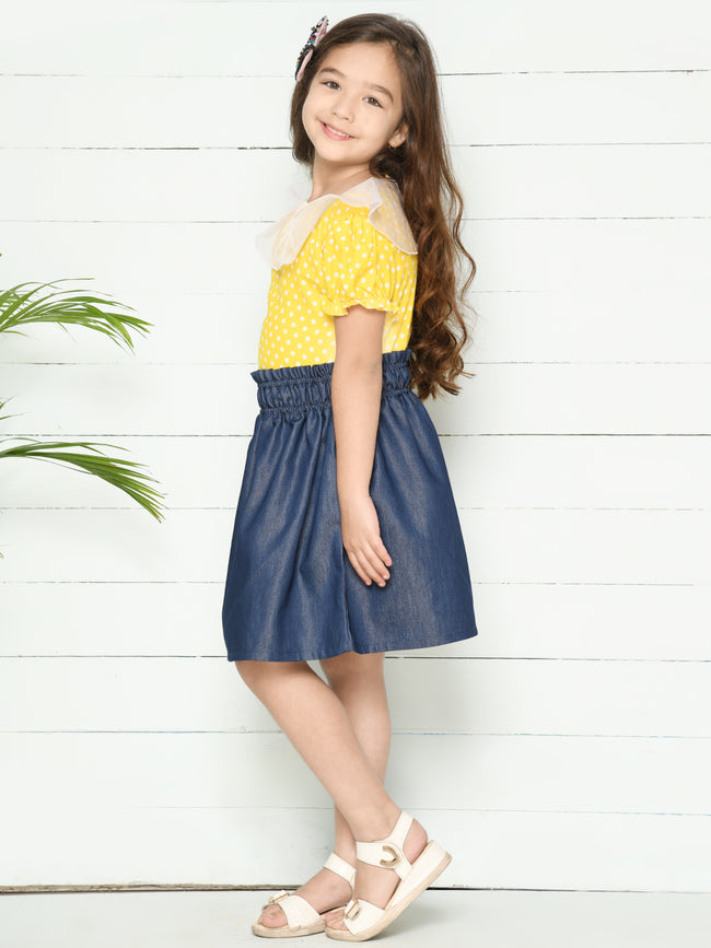 Yellow Blue Polka Puff Sleeves Top with Denim Skirt Set