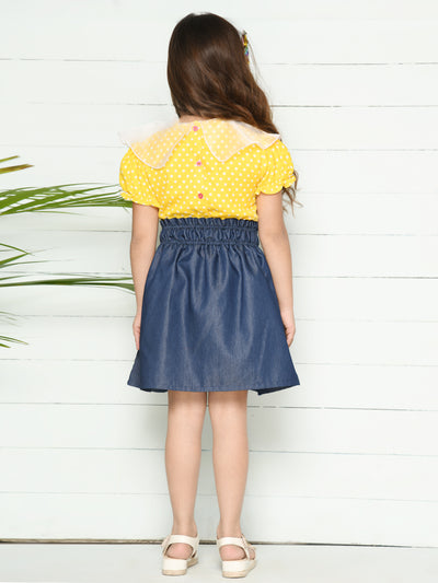 Yellow Blue Polka Puff Sleeves Top with Denim Skirt Set