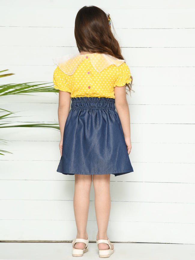 Yellow Blue Polka Puff Sleeves Top with Denim Skirt Set