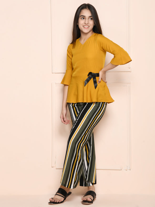 Mustard Multi Peplum Top with Striped Pant Set
