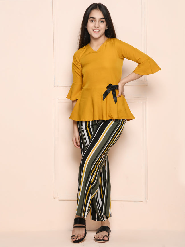 Mustard Multi Peplum Top with Striped Pant Set
