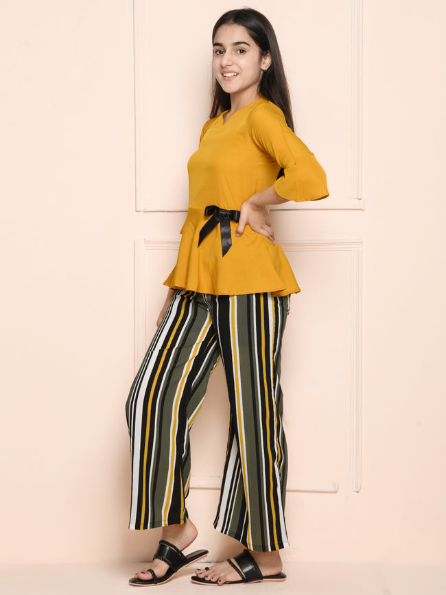 Mustard Multi Peplum Top with Striped Pant Set