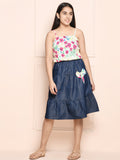 Multi Denim Blue Strappy Floral Top with Tiered Denim Skirt Set