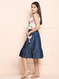 Multi Denim Blue Strappy Floral Top with Tiered Denim Skirt Set