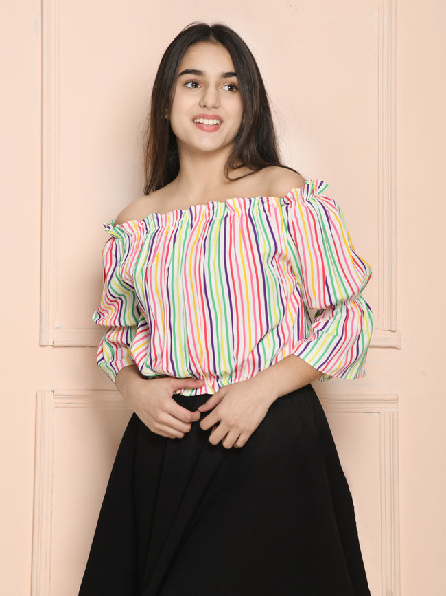 Multicolor Striped Bardot Off Shoulder Top