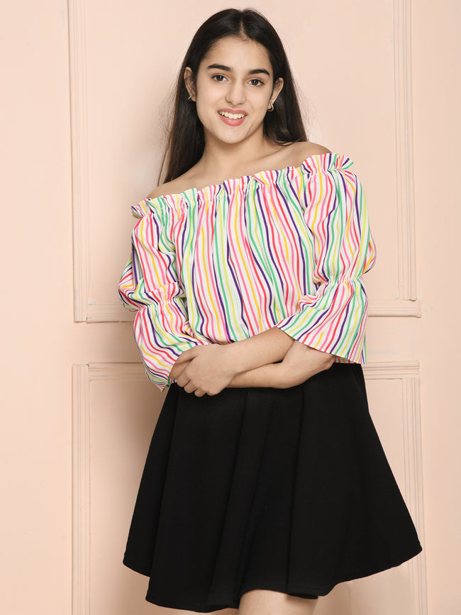 Multicolor Striped Bardot Off Shoulder Top