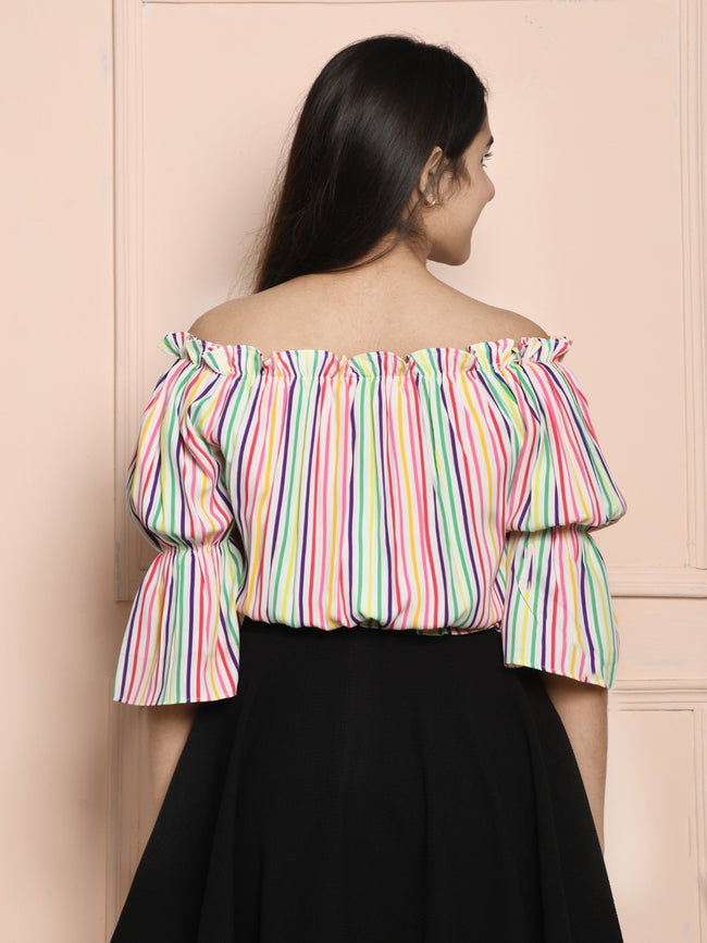 Multicolor Striped Bardot Off Shoulder Top
