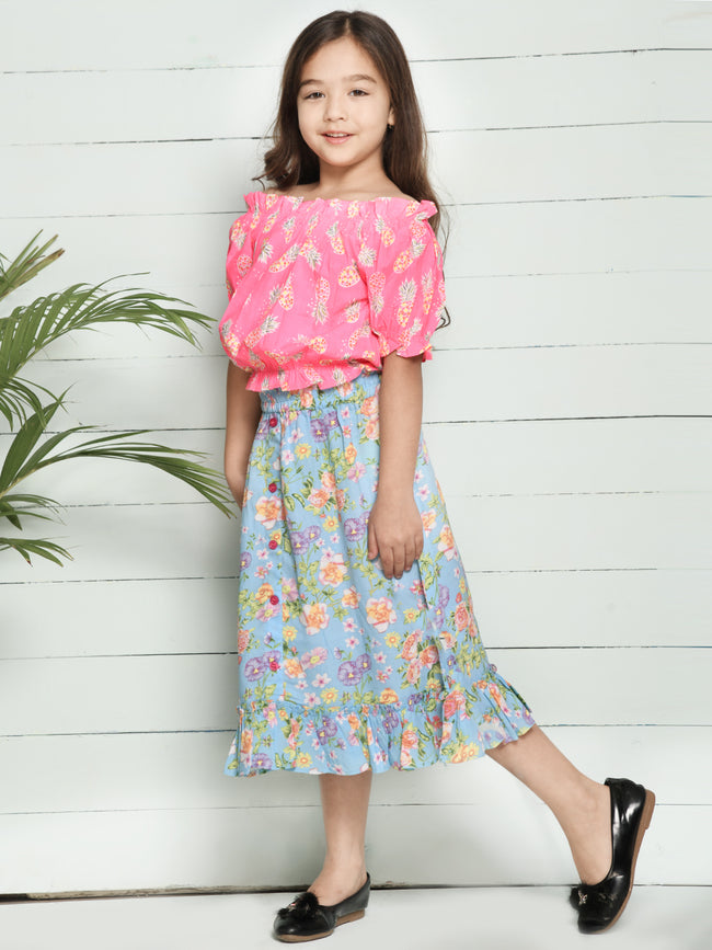 Pink Blue Pineapple Print Bardot Top with Floral Skirt Set