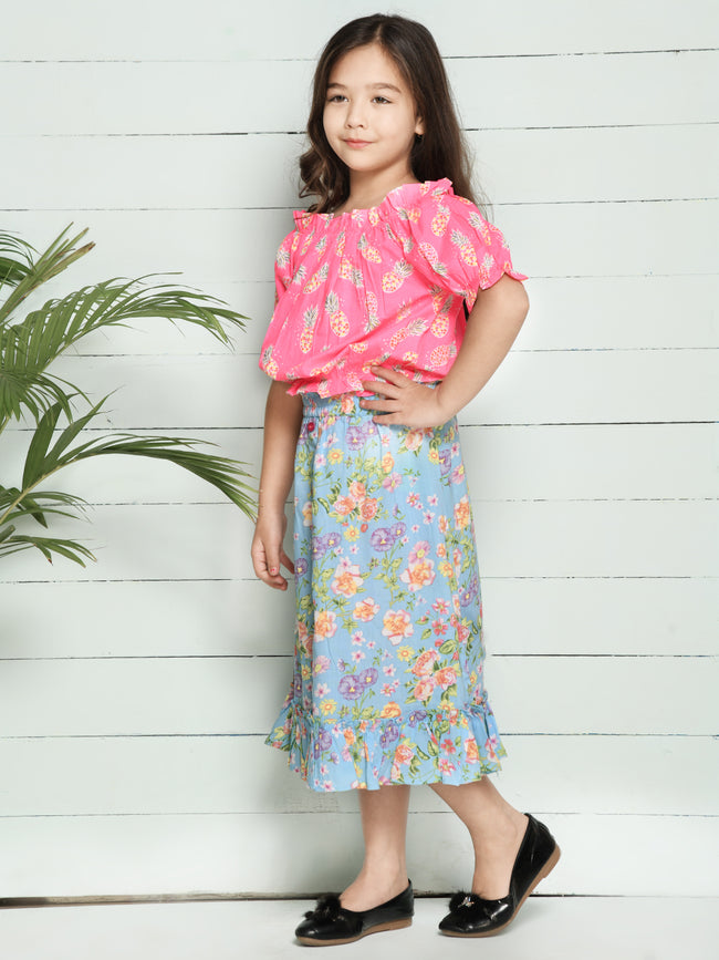 Pink Blue Pineapple Print Bardot Top with Floral Skirt Set