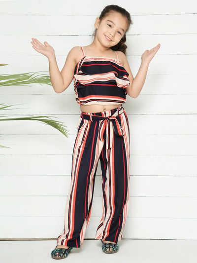 Navy Beige Striped Coordinated Pant Set