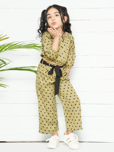 Green & Black Polka Dotted Co-ords Set for Girls