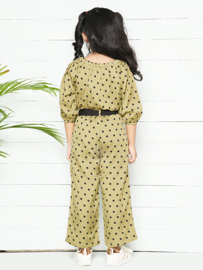 Green & Black Polka Dotted Co-ords Set for Girls