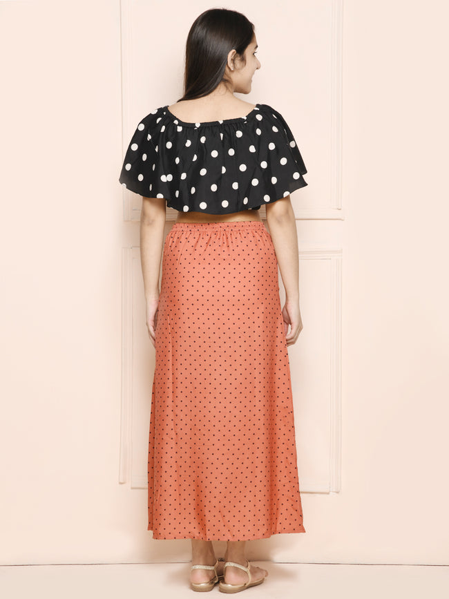 Black Brown Polka Top and Skirt Set