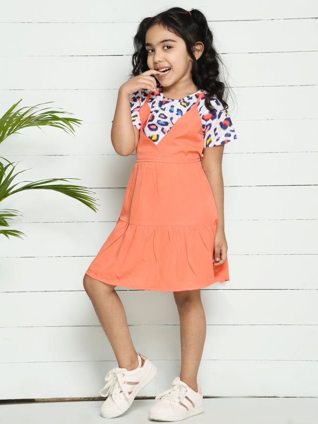 Peach White Pinafore Attached Dress