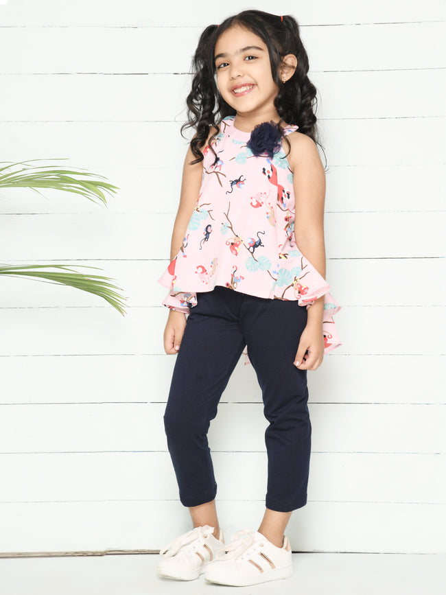 Baby Pink Black Pink Monkey Print Top with Legging Set