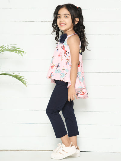 Baby Pink Black Pink Monkey Print Top with Legging Set