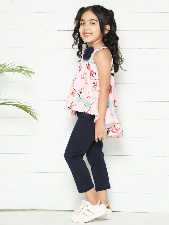 Baby Pink Black Pink Monkey Print Top with Legging Set
