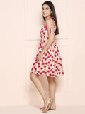 Beige Red One Side Shoulder Floral Fit N Flare Dress
