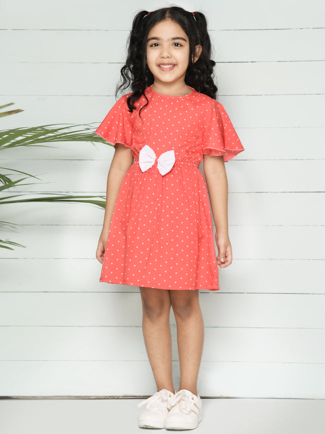 Peach White Polka Bow Dress