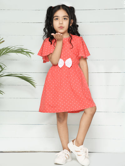 Peach White Polka Bow Dress
