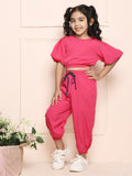 Dark Pink Ballon Sleeve Crop Top with Jogger Pant Coordinated Set