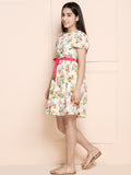 White Multi Floral Belt Dress