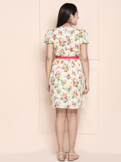 White Multi Floral Belt Dress