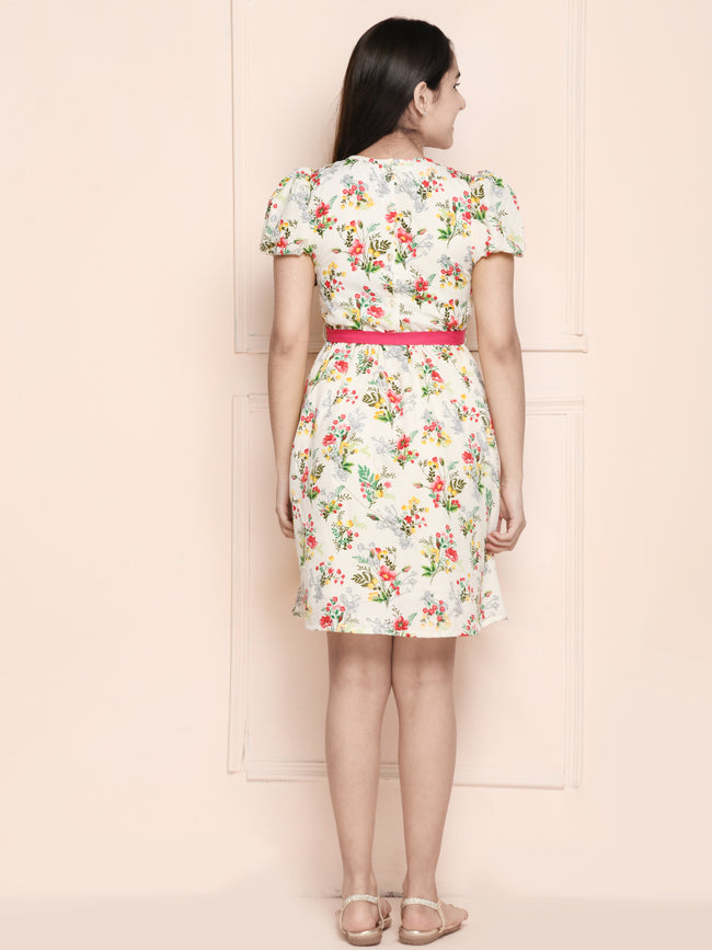 White Multi Floral Belt Dress
