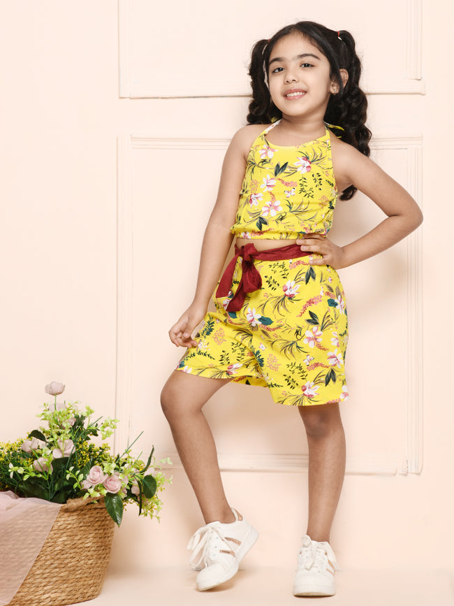 Lemon Yellow Halter Crop Top with Short Coordinated Set