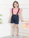 Pick Denim Blue Gathered Sleeves Top with Dungaree Shorts Set