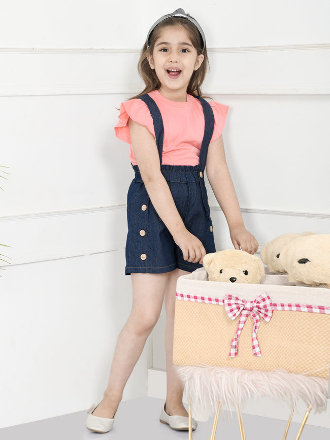 Pick Denim Blue Gathered Sleeves Top with Dungaree Shorts Set