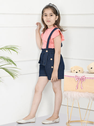 Pick Denim Blue Gathered Sleeves Top with Dungaree Shorts Set