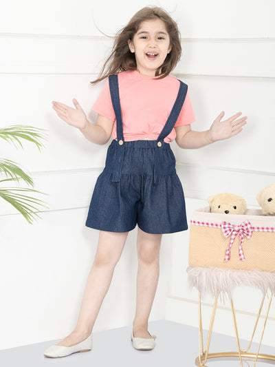 Peach Navy Blue Crop Knot Top with Dungaree Skirt Set